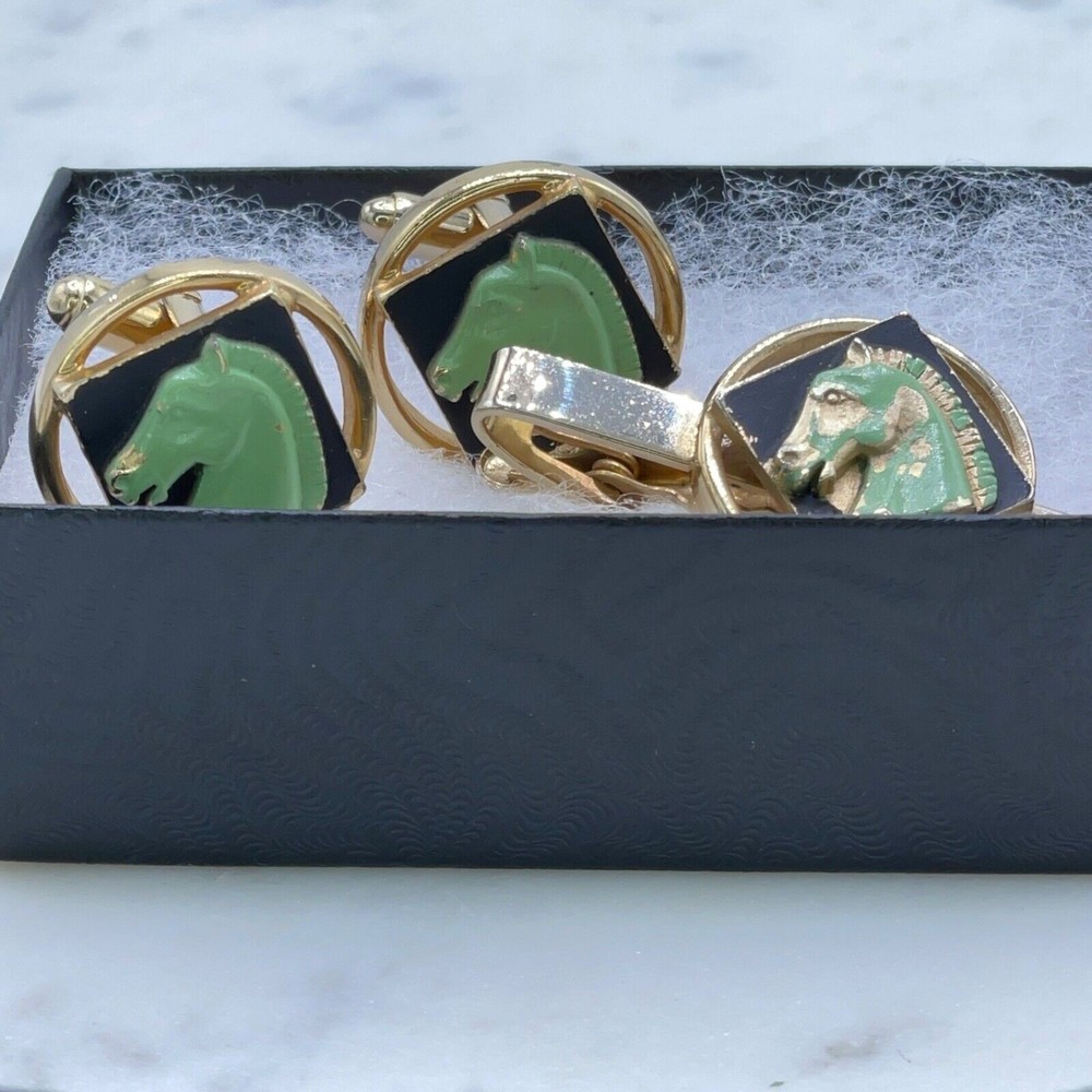 Vintage Men Gold Black Green 3D Horse Head Equestrian Cufflinks + Tie Clasp Clip - Picture 9 of 9